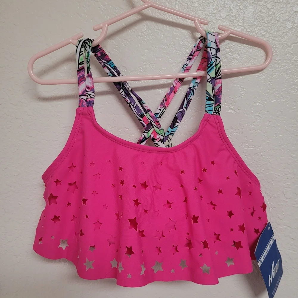 Girls Hilor Hot Pink Star Cutout Swim Top with Printed Straps